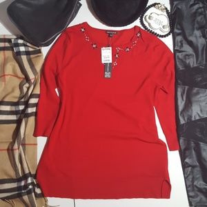 Cherry Red V-neck with Jeweled neckline Top